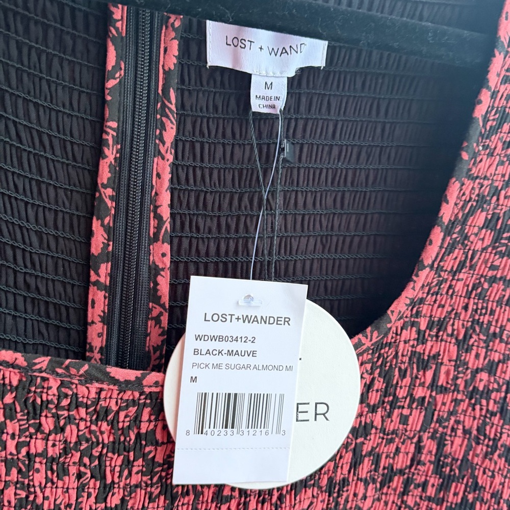 🆕🌹Lost+Wander Black Mauve Floral Smocked Mini Dress Long Sleeve Ruffle Hem SizeM - Picture 14 of 16